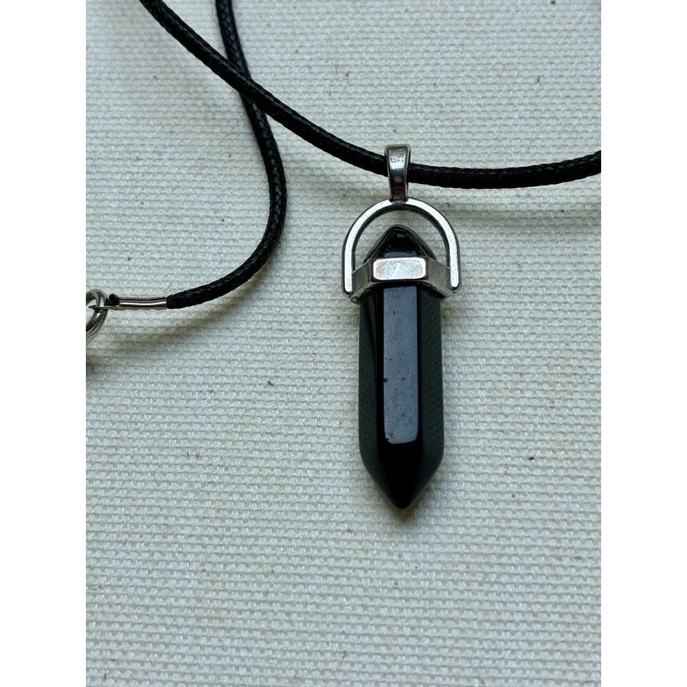 Solid Black Crystal Point Pendant Necklace Cord Silver Tone Boho Y2K Bohemian